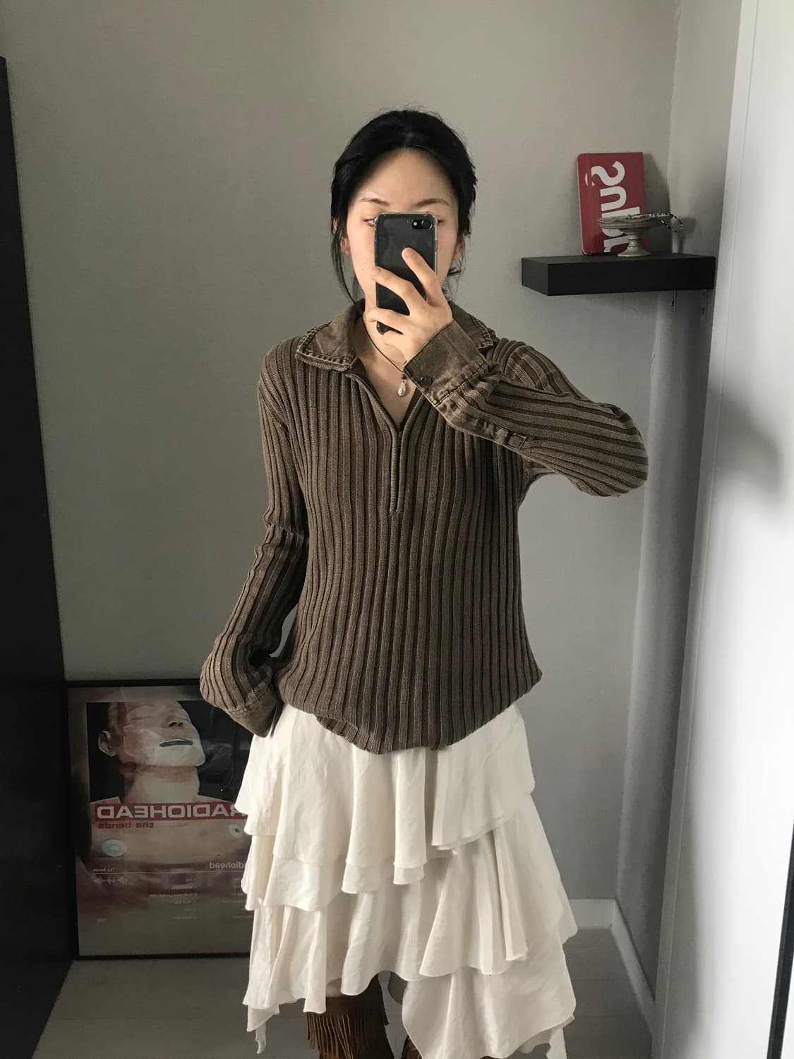 JPN 카라 골지 브라운 니트 반집업 상품이미지2