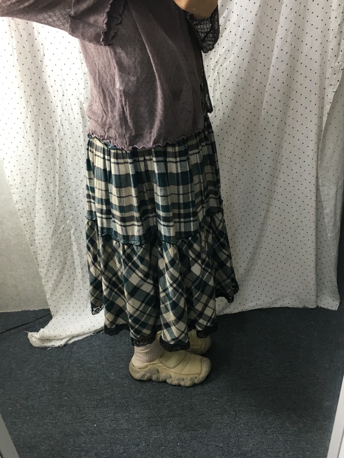 그린 체크 미디 스커트 상품이미지5