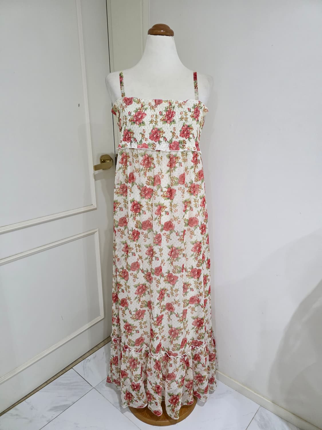 일본빈티지)플로럴 장미 도트 스즈코모리걸히메갸루 쉬폰 밴딩스모크 롱원피스 상품이미지2