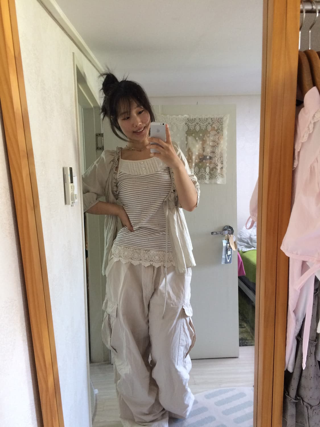 빈티지 버튼 스트라이프 레이스 슬리브리스 상품이미지7