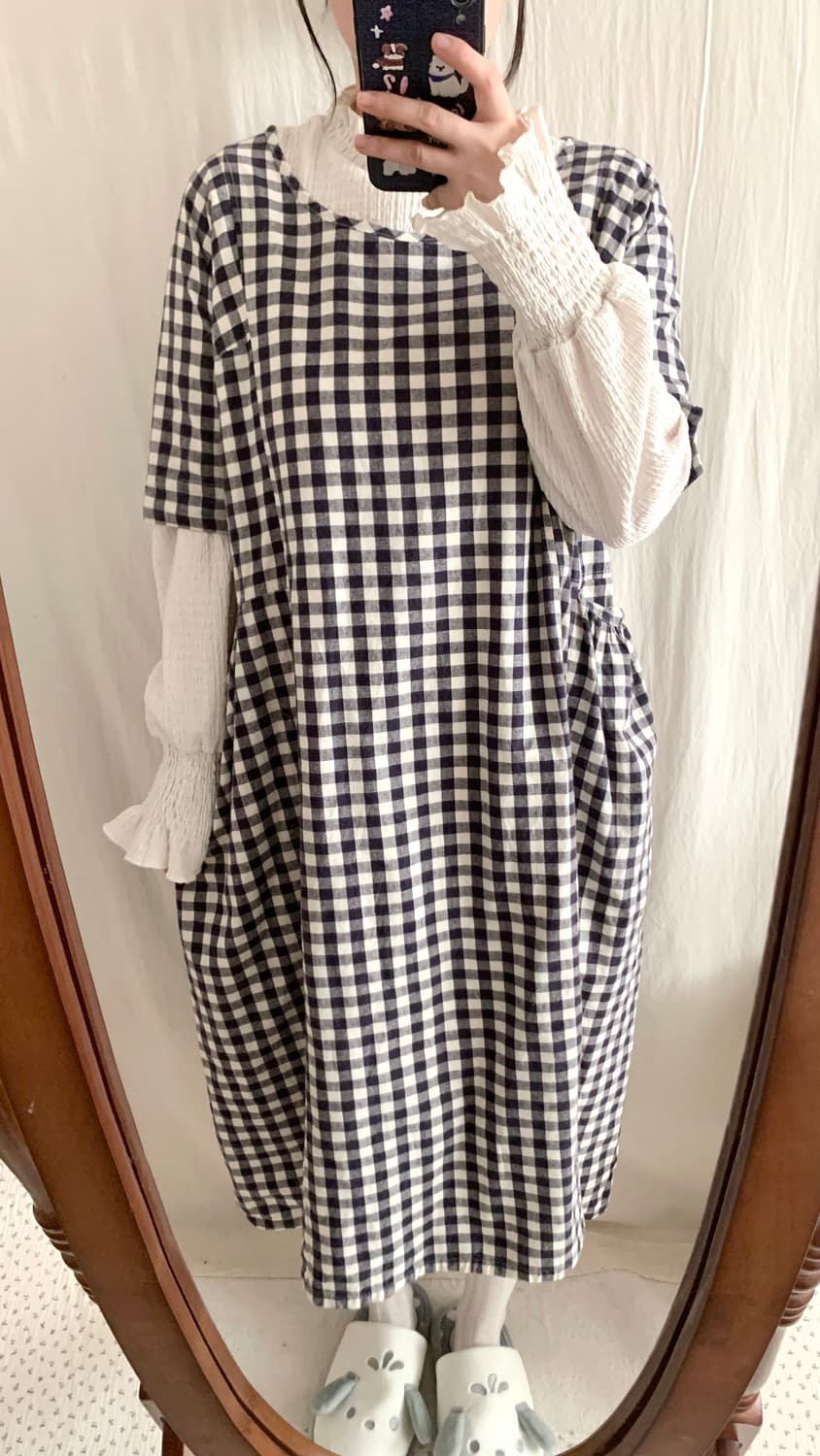 호박핏 네이비 체크 모리 롱원피스 상품이미지5