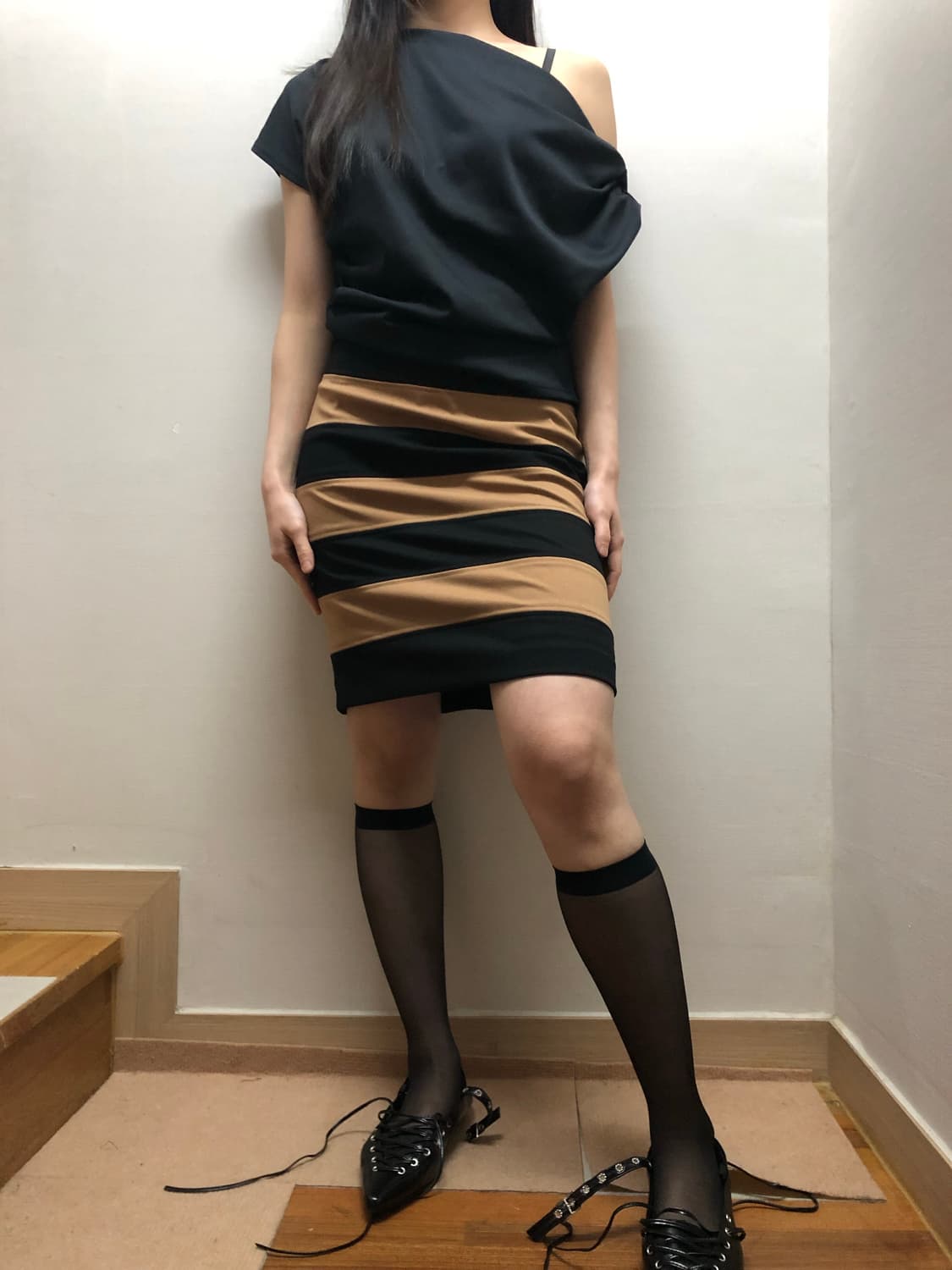 빈티지 블랙 앤 브라운 스트라이프 미디 스커트 상품이미지2