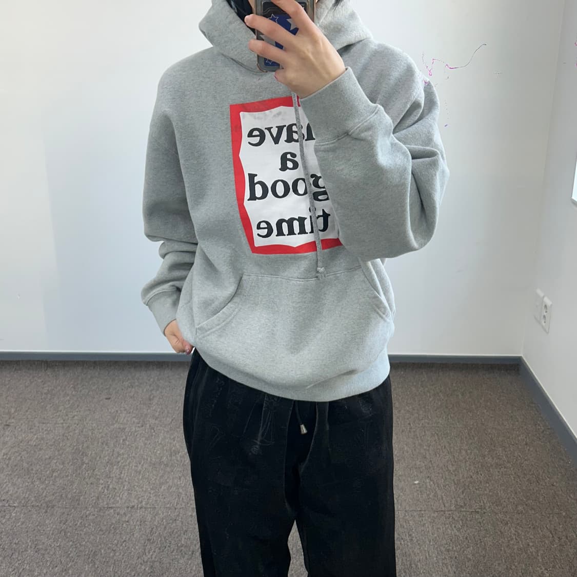 Have a good time 해브어굿타임 레드로고 그레이 후드티  상품이미지1