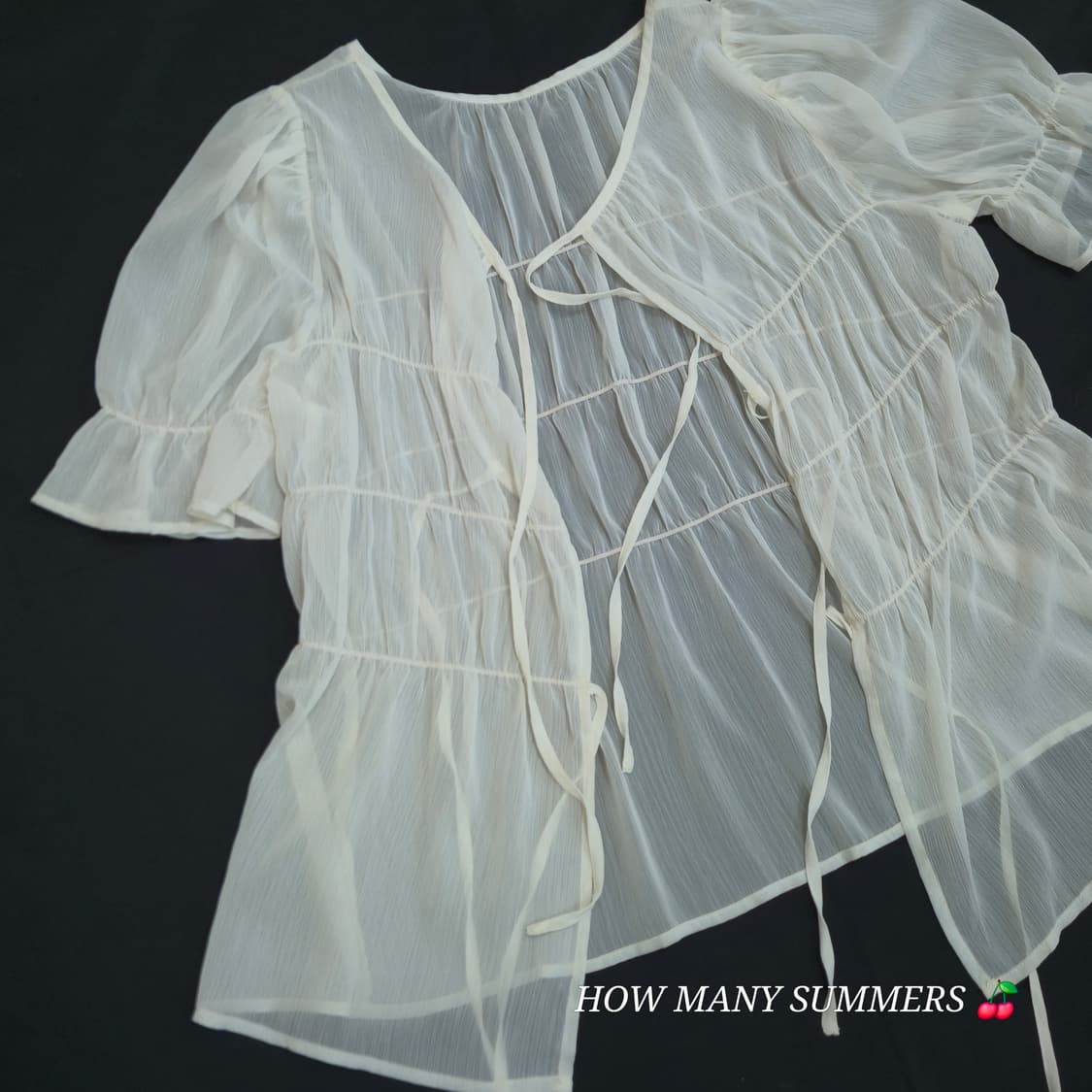 여름 시스루 리본 볼레로 가디건 링클 쉬폰 반팔 블라우스 화이트 상품이미지9