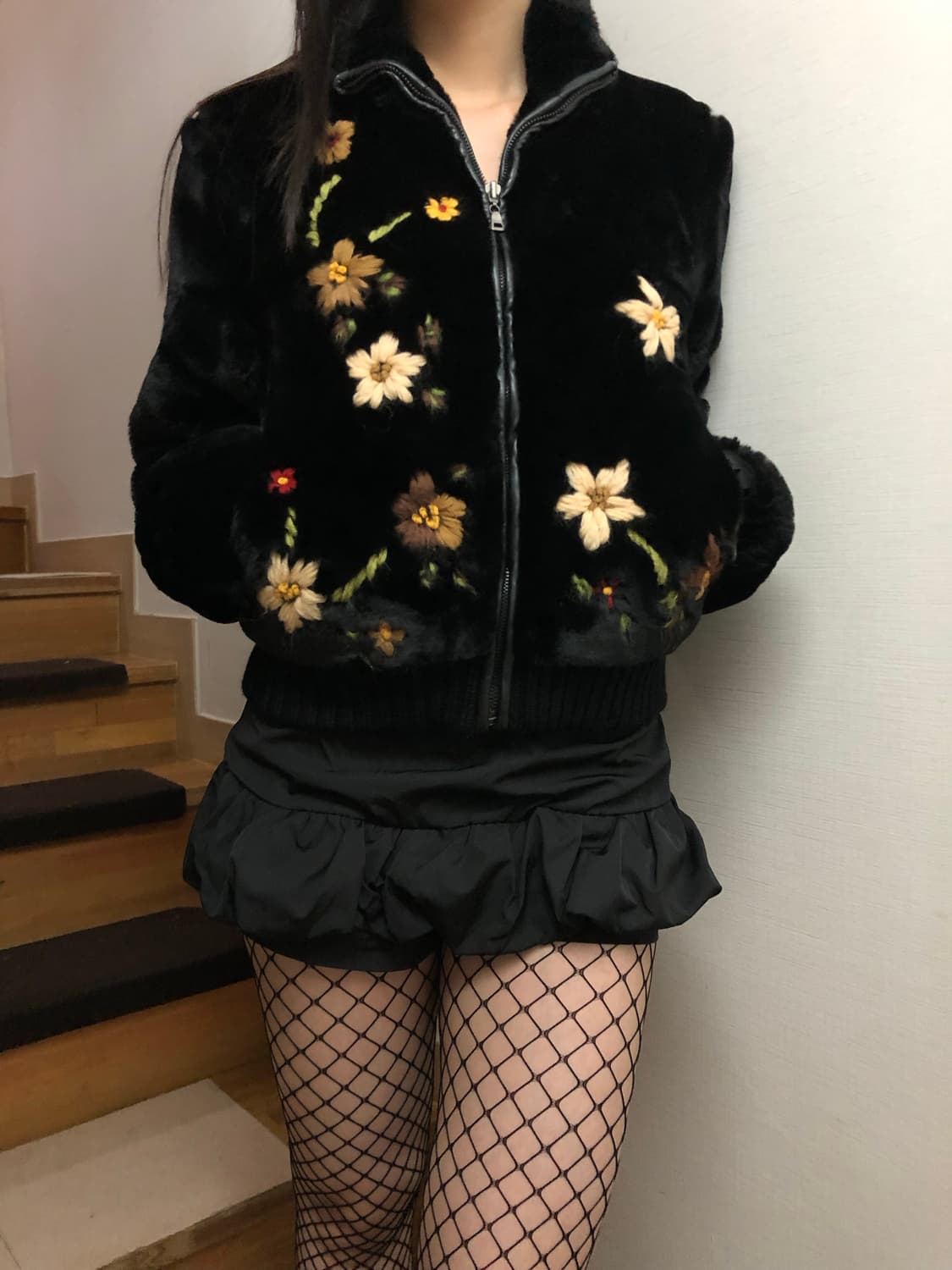 빈티지 ozoc 플라워 자수 에코 퍼 집업 상품이미지9