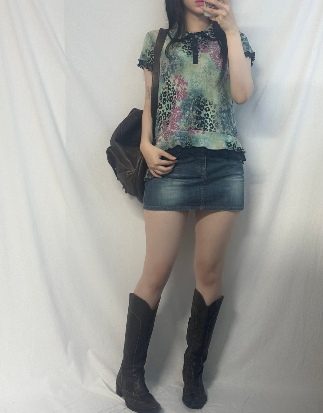 레오파드 패턴 러플 레이어드 카라 버튼 넥 블라우스 상품이미지6