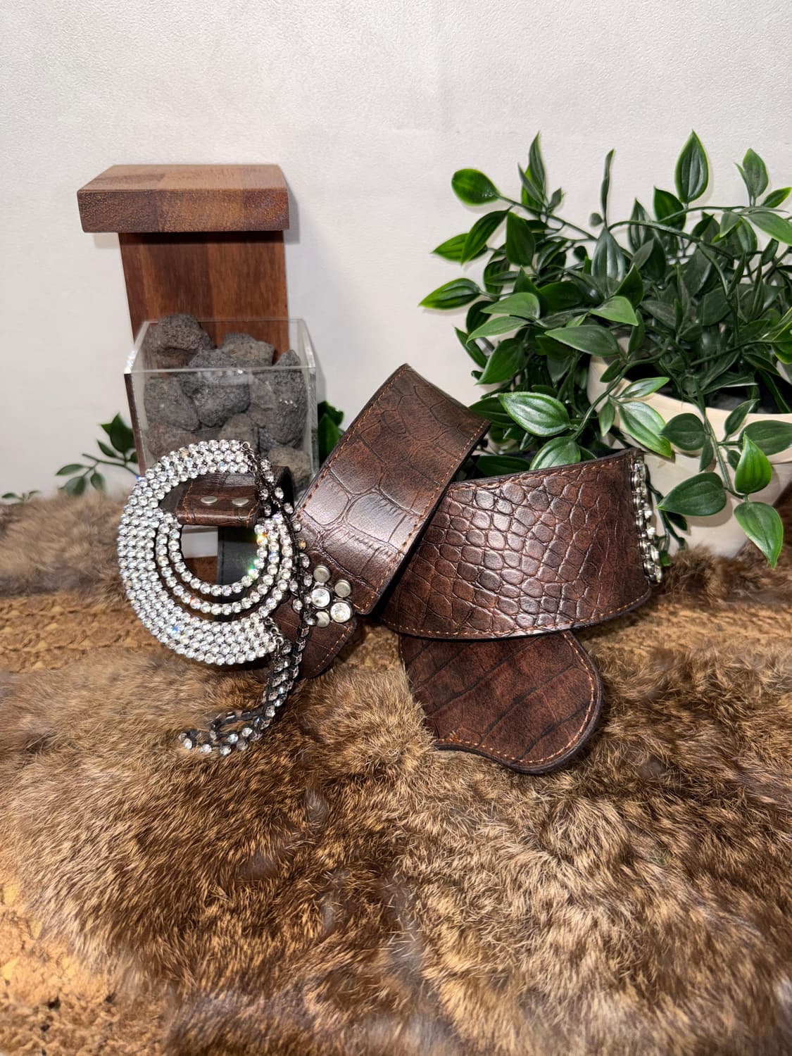 Dark brown python cubic bold buckle belt 상품이미지1