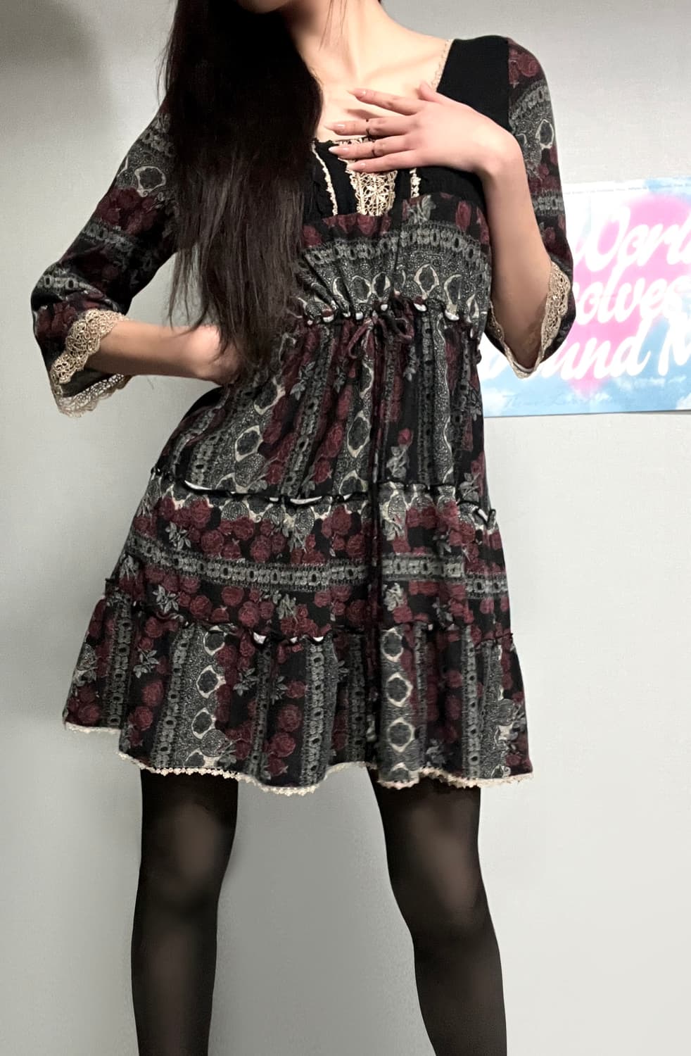 엑시즈팜 엔틱 고스 고딕 레이스 자수 리본 로즈 블랙 원피스  상품이미지5