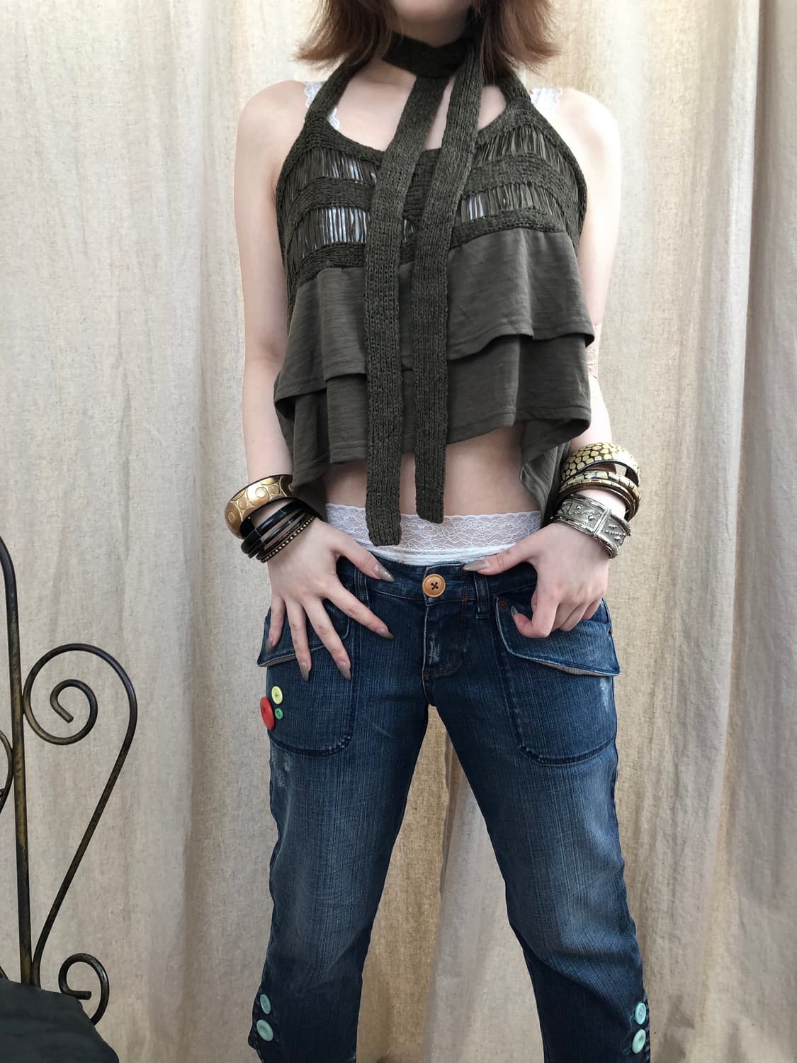 카키 크로셰 홀터탑 상품이미지1