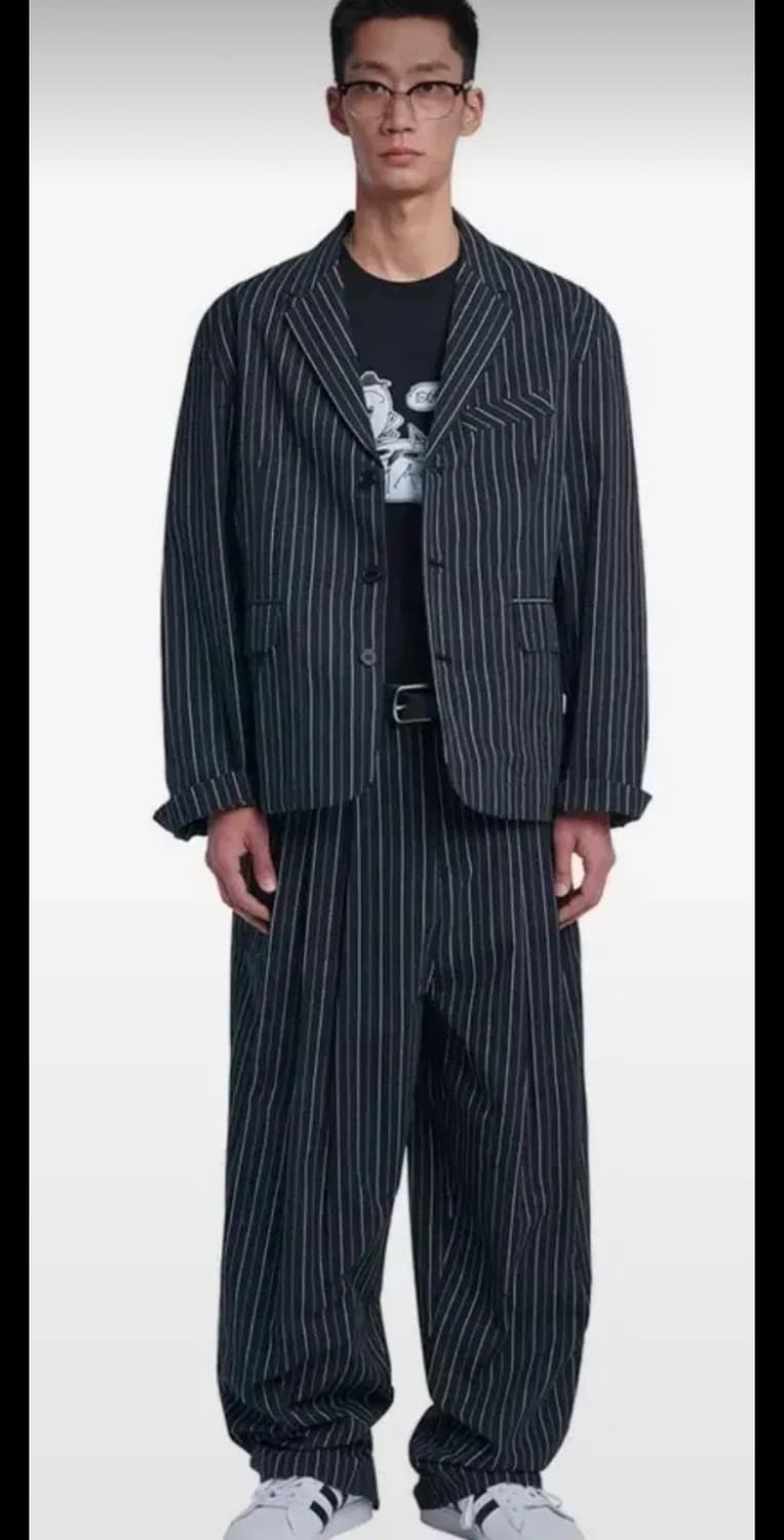 노매뉴얼 시어서커 자켓 + 와이드 팬츠 L 블랙 스트라이프 셋업 상품이미지4