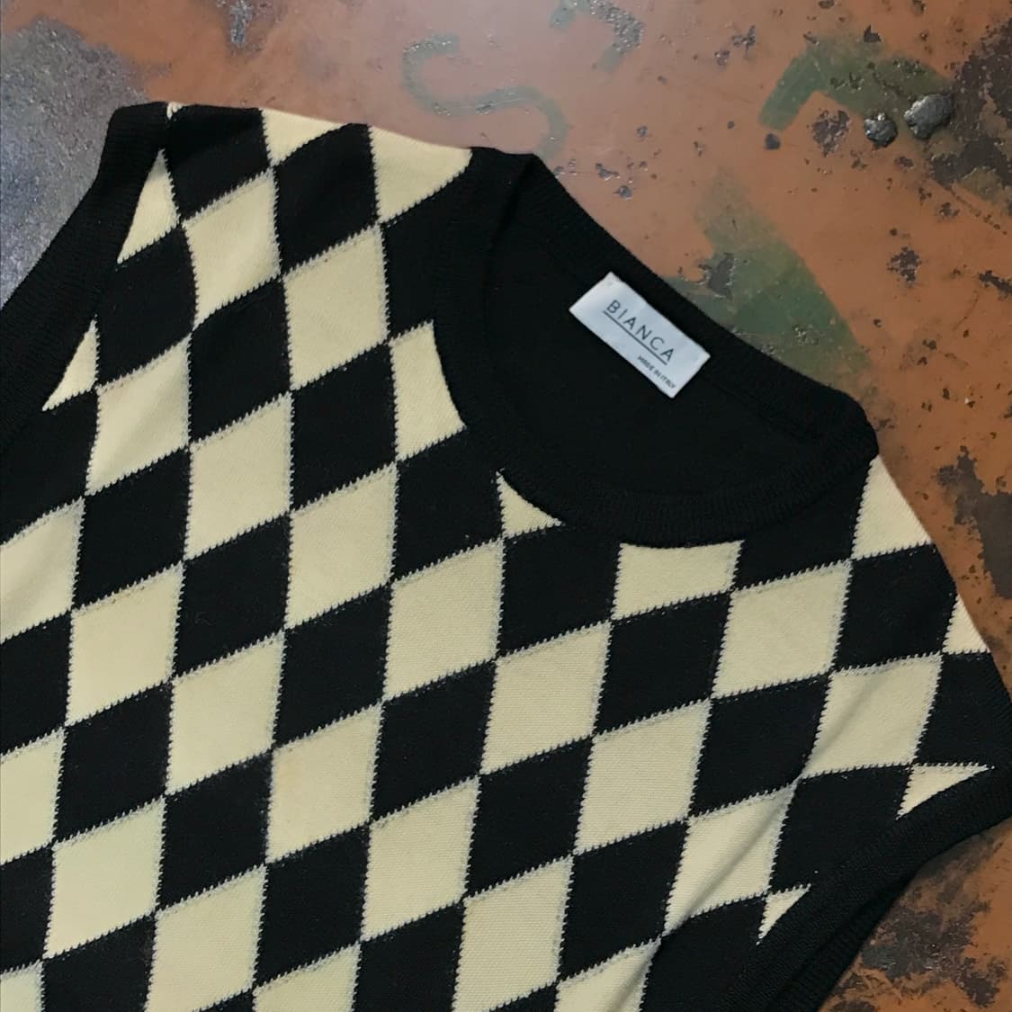 Italy vtg 빈티지 아가일 패턴 슬리브리스 울 니트 여성 55 66 상품이미지3