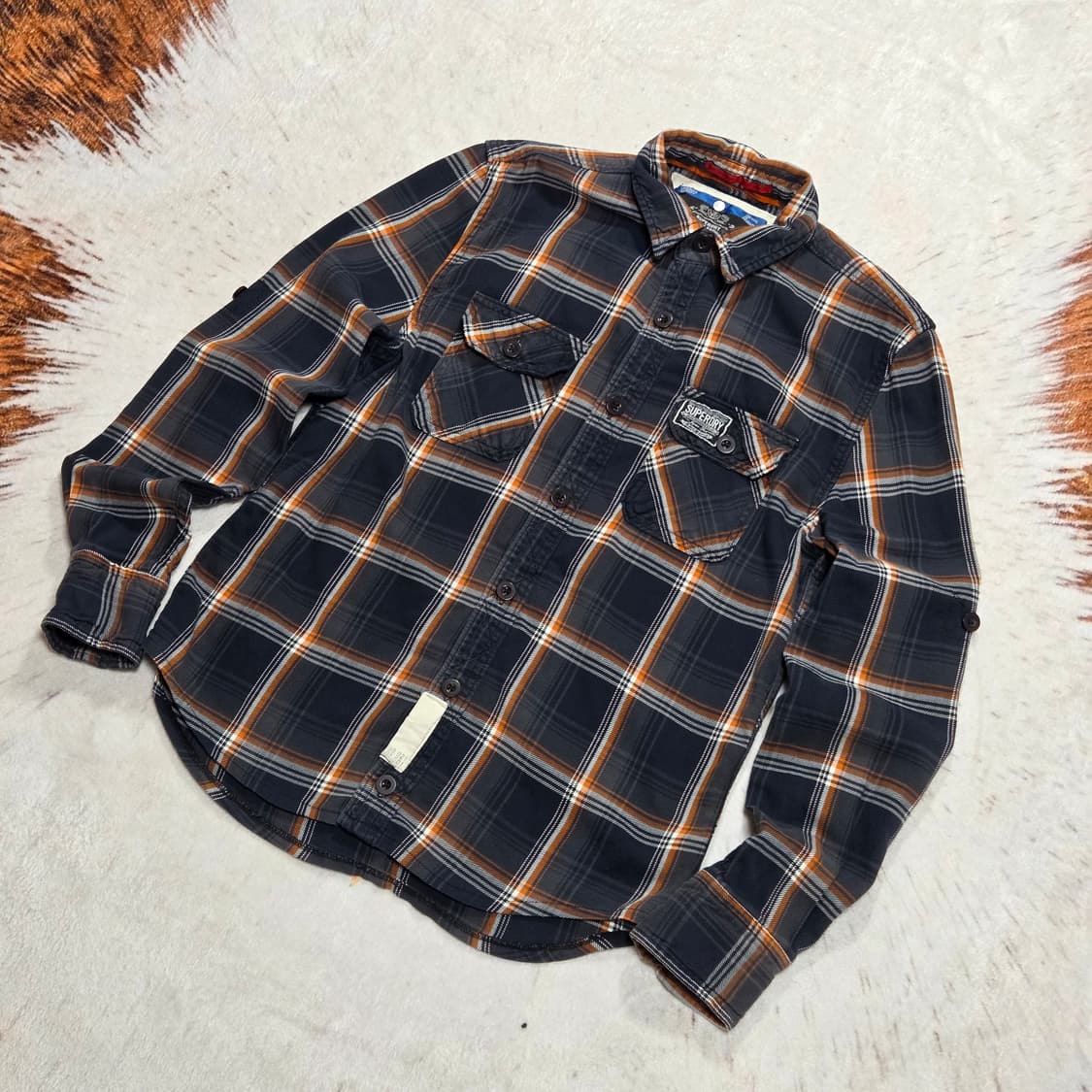 슈퍼드라이 오렌지 네이비 체크 셔츠 상품이미지1