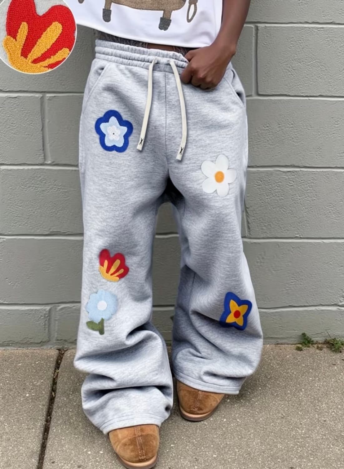 플라워자수 스웻팬츠 그레이 상품이미지1