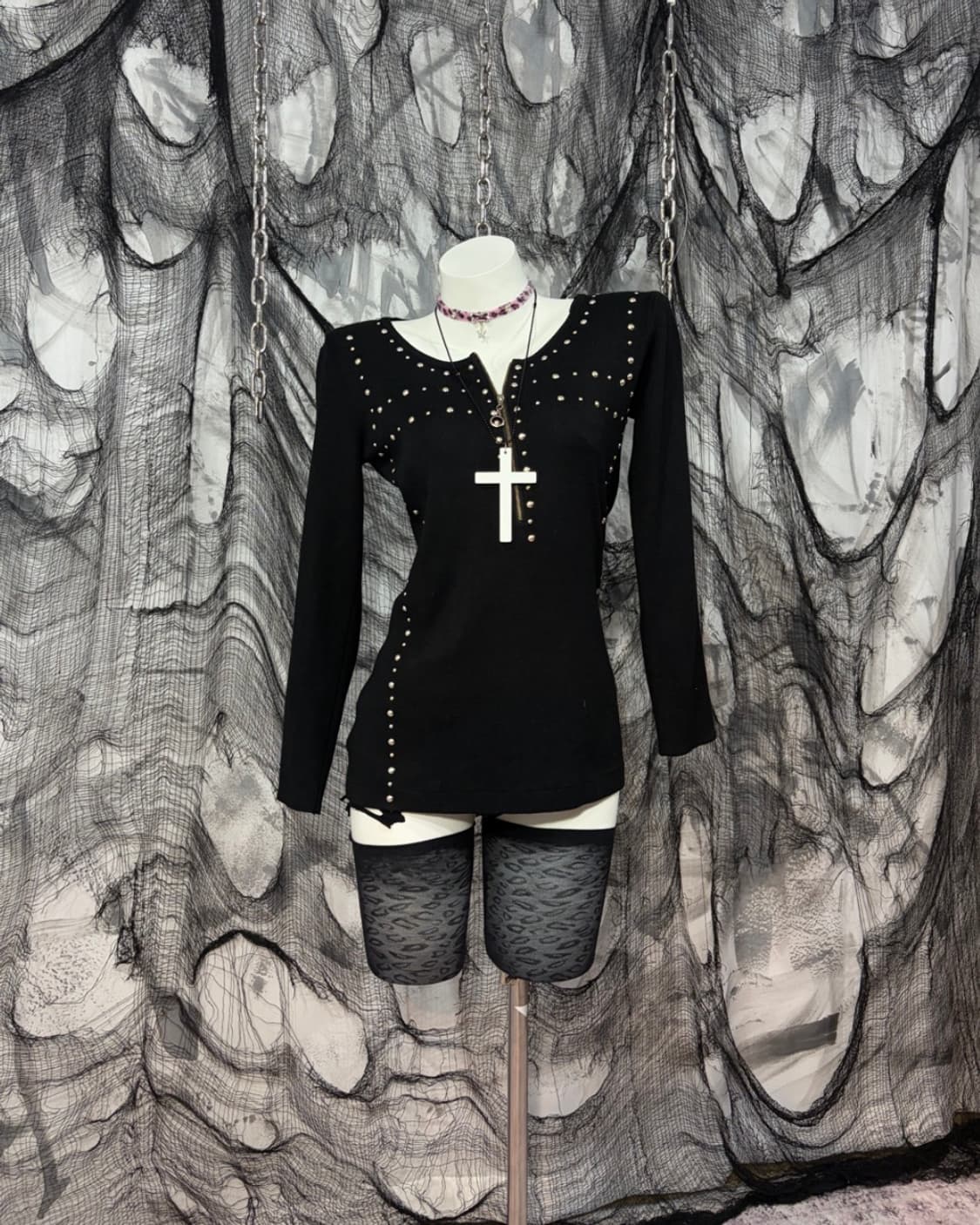 Y2K stud antique half zip-up knit long s 상품이미지2
