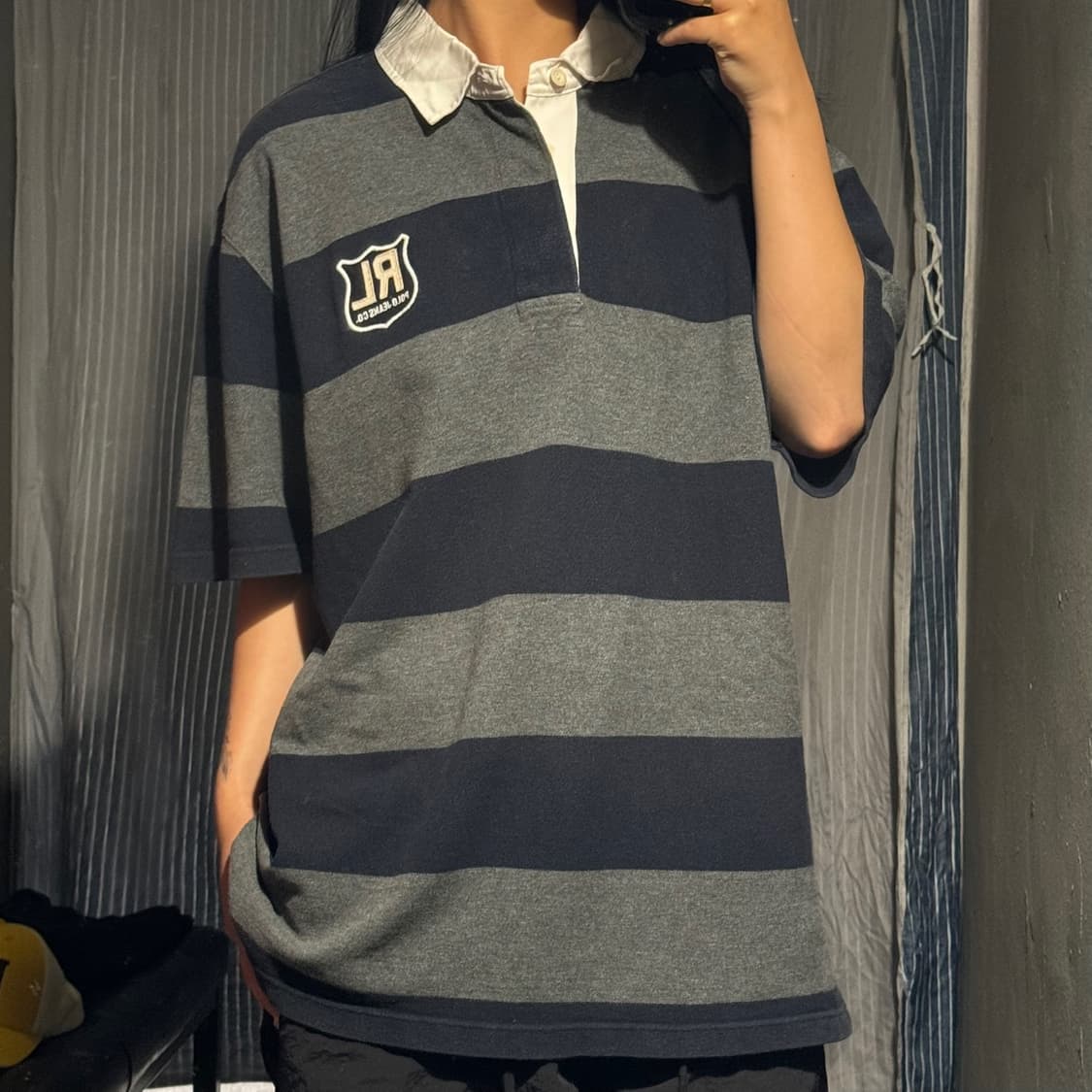 폴로진스 블랙 그레이 1대1 배색 럭비티 카라넥 반팔 티셔츠 XL 상품이미지1