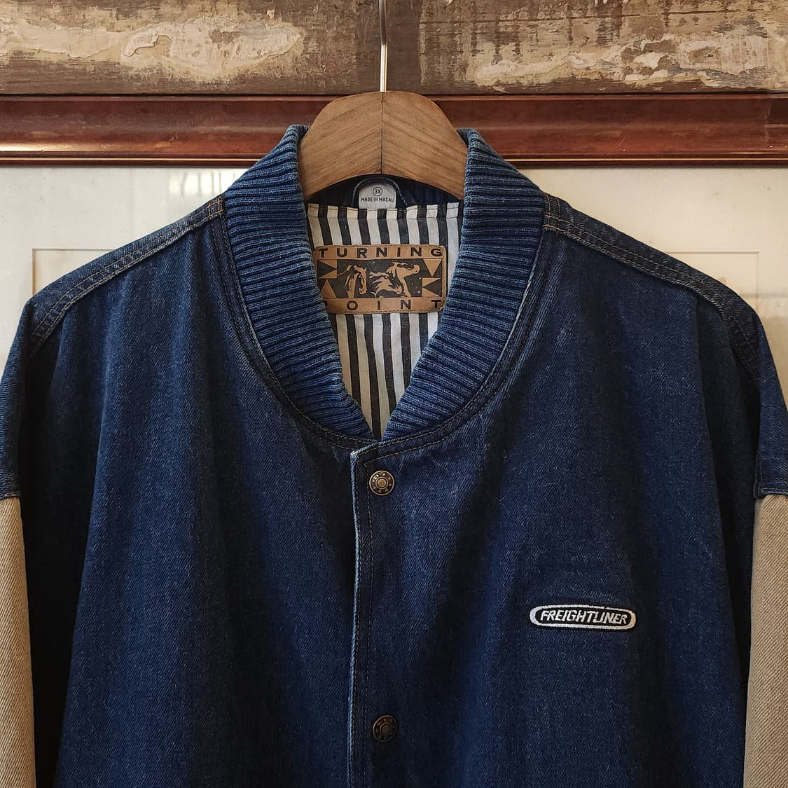 90s 빈티지 데님 바시티 자켓 컨트리 체크 패치워크 빅사이즈 3XL 상품이미지5