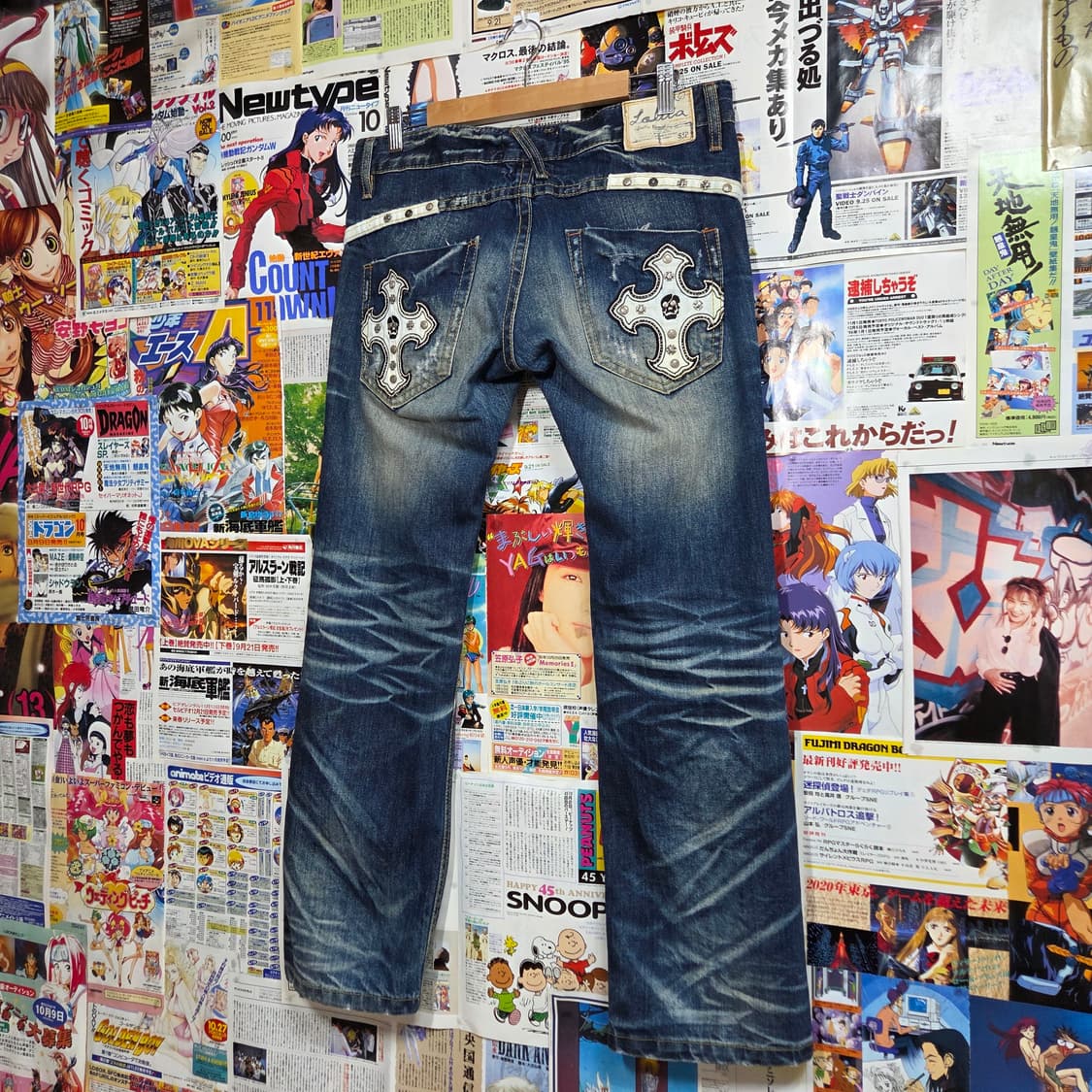 y2k 펑크 크로스 패치 스컬 스터드 데님 팬츠 상품이미지1