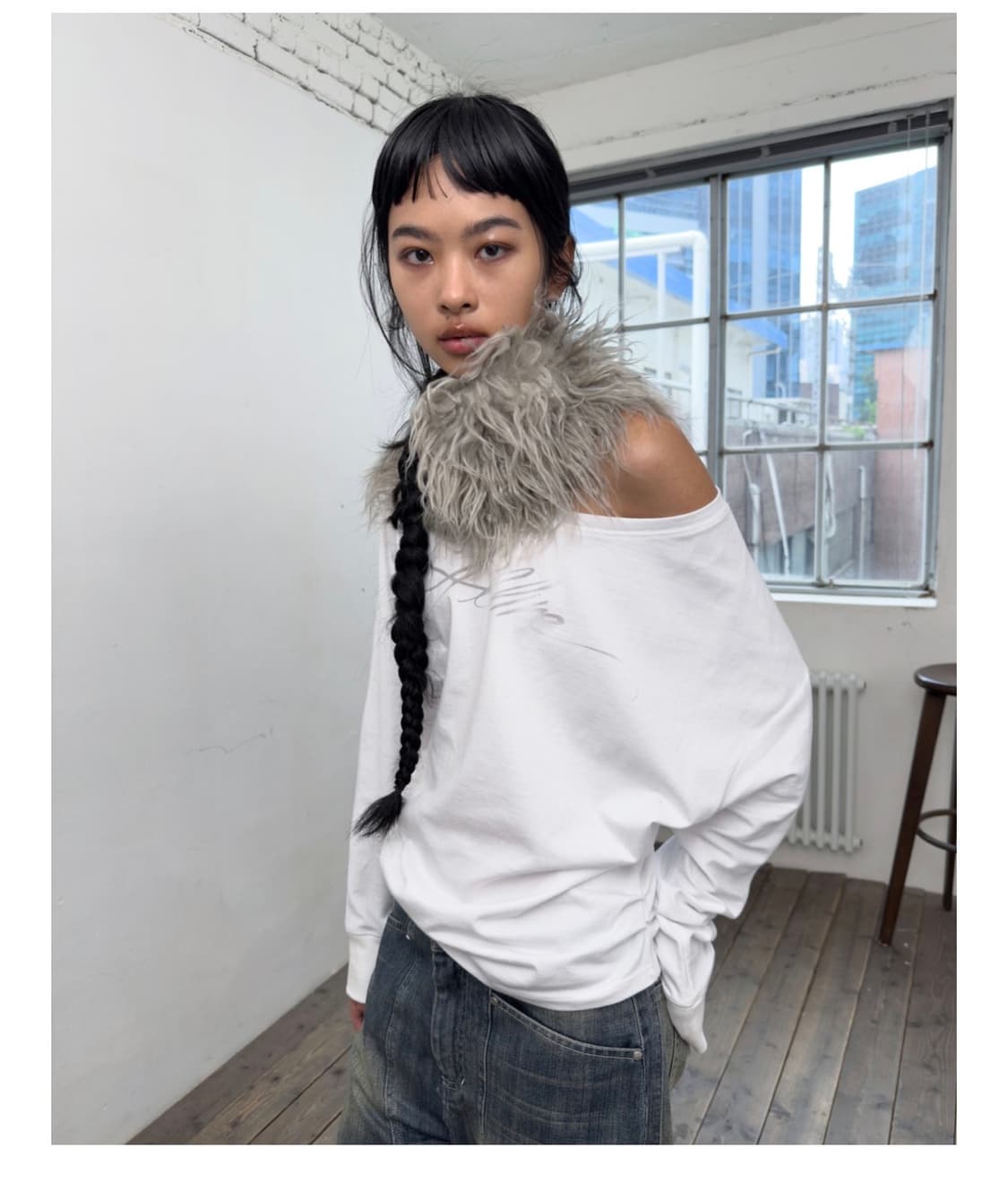 포르테나 원숄더 롱슬리브 티셔츠 아이보리 상품이미지1