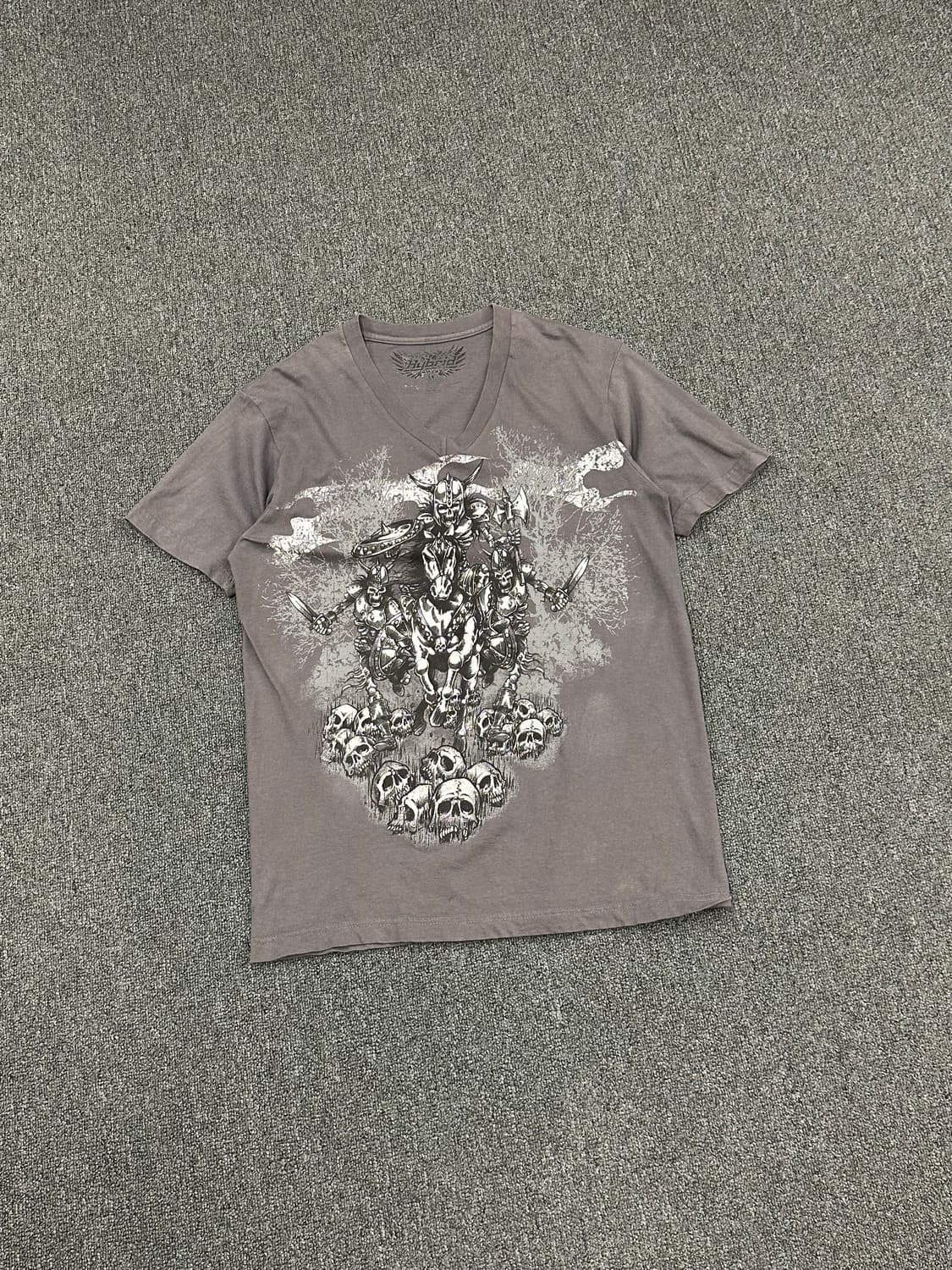 M)Hy Brid 빈티지 바이킹 워리어 스컬 프린팅 브이넥 반팔 상품이미지3