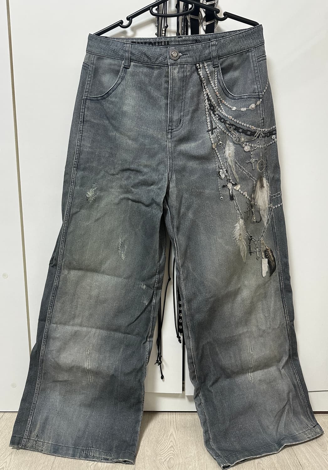 FayChui 데님 레트로 3D 진주 체인 프린팅 와이드 상품이미지2