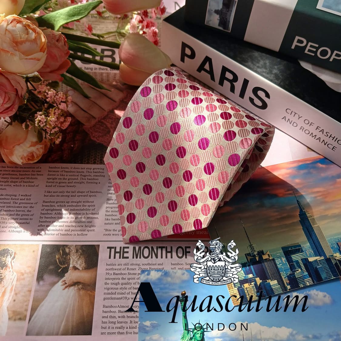 아쿠아스큐텀 실크 핑크 도트 패턴 넥타이 9.2cm S~A+등급 E916 상품이미지2