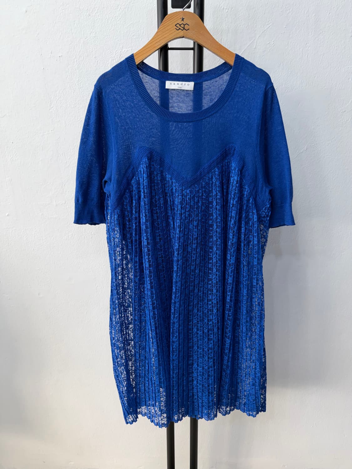 정품) 산드로 블루 레이스 반팔 니트 원피스 2 상품이미지1