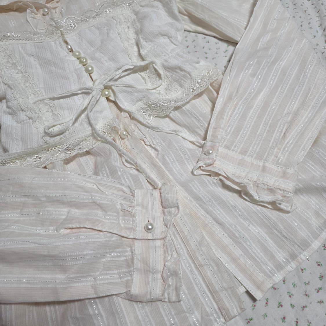 빈티지 핑크 실버 스트라이프 레이스 셔츠 슬립 세트 히메갸루 일브 상품이미지5