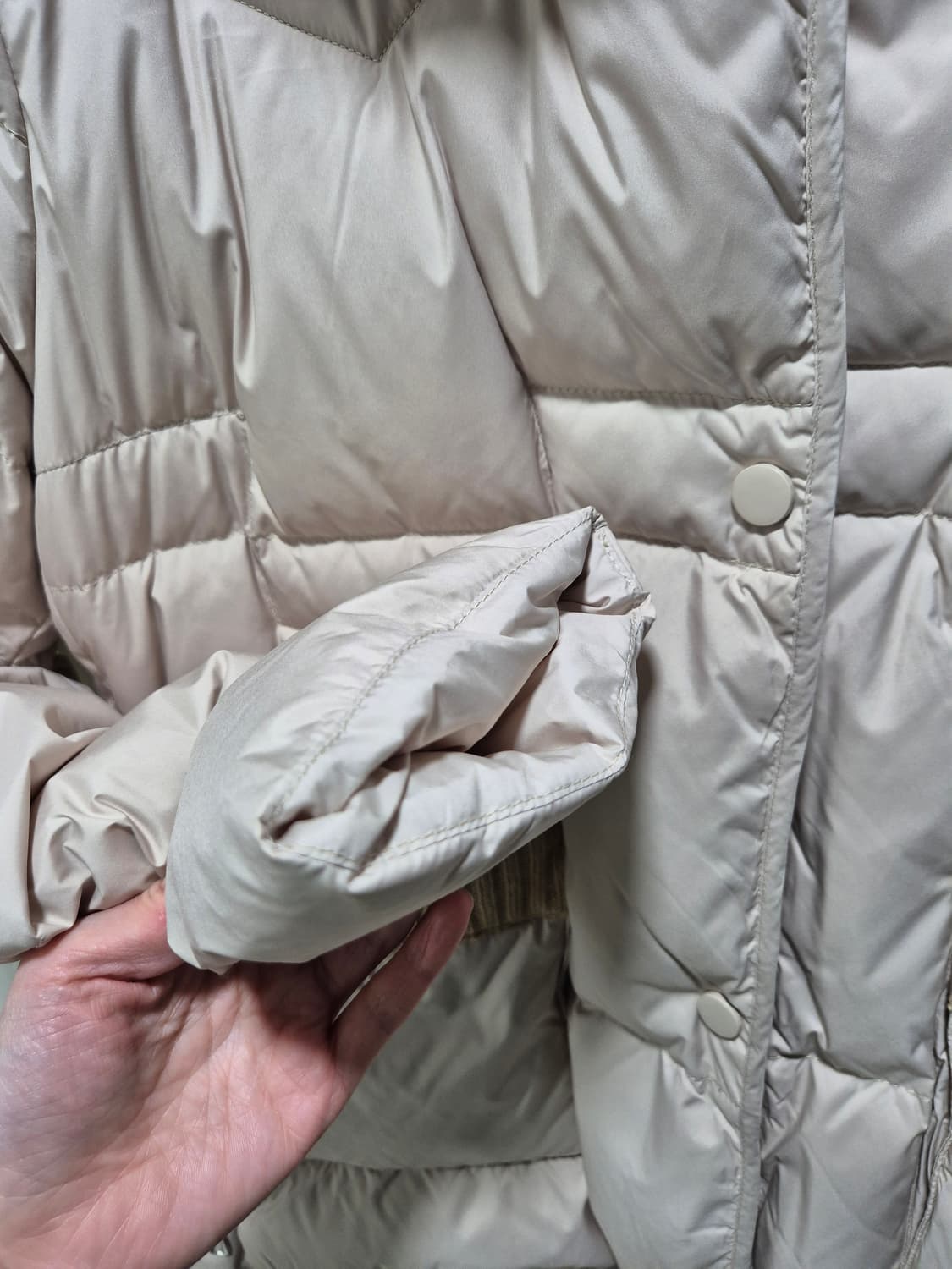 빈티지 아이보리 니트 배색 후드 거위털패딩 상품이미지6