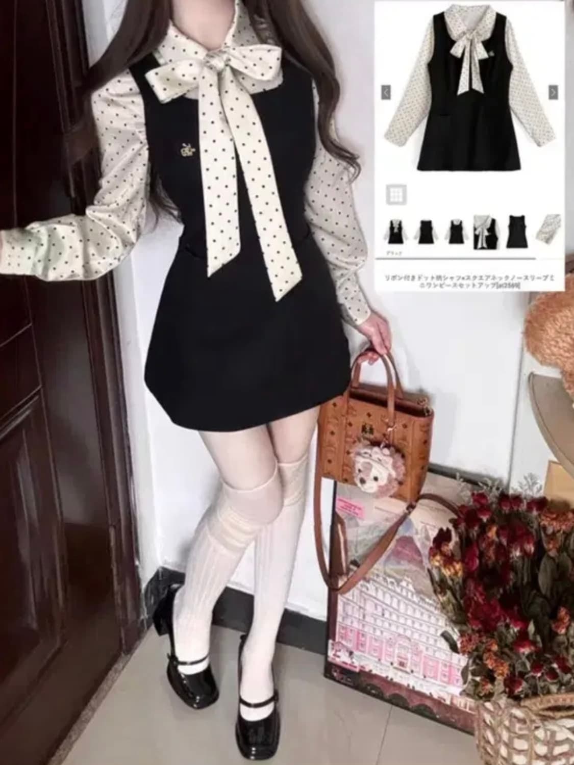 GRL 그레일 리본 도트 무늬 스퀘어 넥 미니 원피스 셋업  상품이미지1