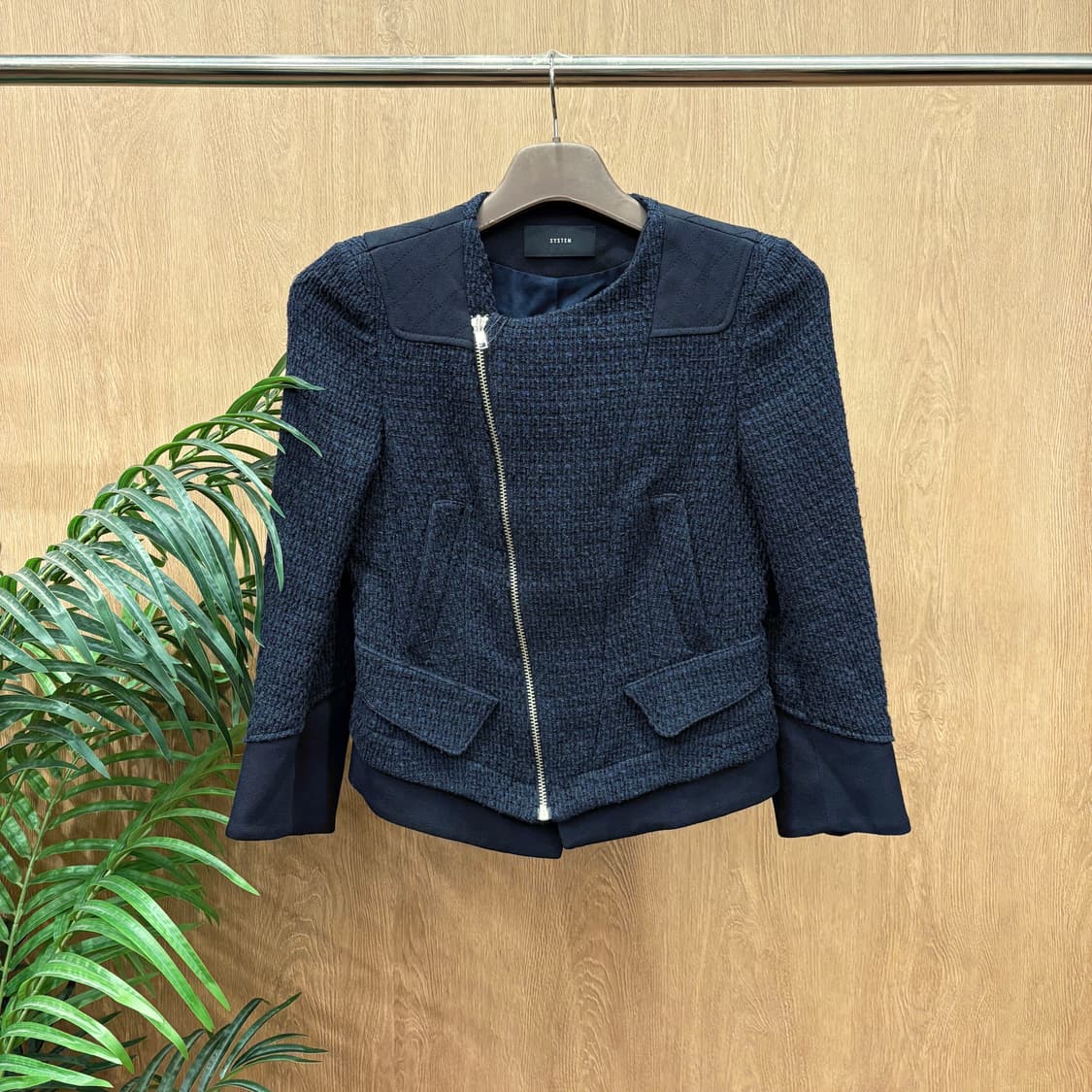 시스템 집업 트위드 자켓 메탈 지퍼 퀄팅 배색 레이어드 디테일 네이비 상품이미지1