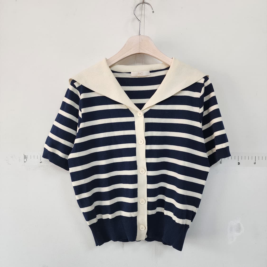ENC 스트라이프 반팔 카라 니트 가디건 상품이미지1
