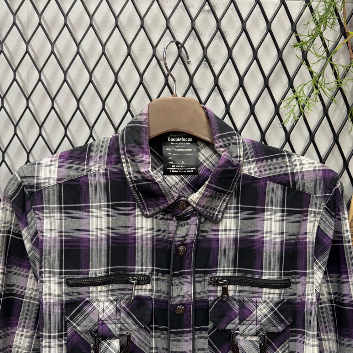 JPN VINTAGE 체크 패턴 셔츠 전면 버클 투포켓 퍼플 상품이미지3