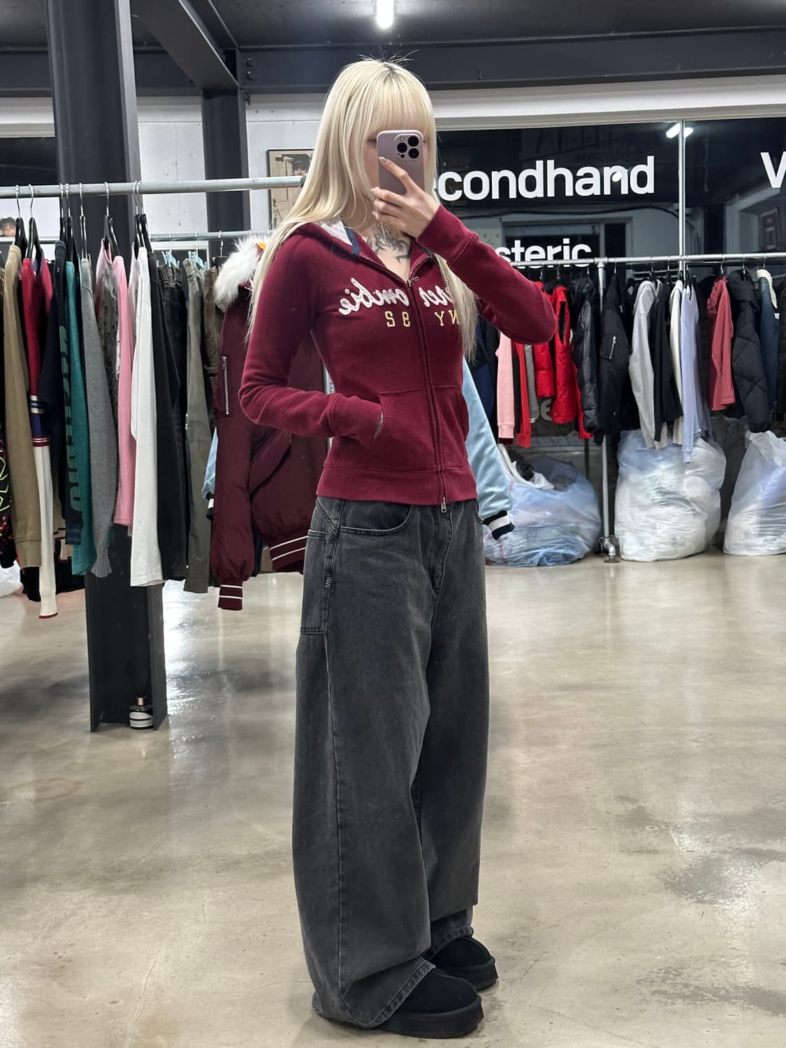 아베크롬비 버건디 자수로고 슬림핏 후드 집업 상품이미지2