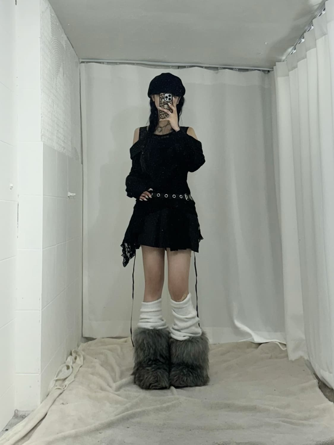 무채색 스트라이프 딱붙 후드집업 레이스 오픈숄더 니트 코디세트  상품이미지2