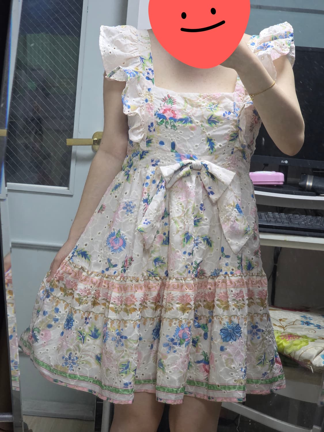 shein 빈티지무드)플라워 펀칭레이스 리본 핑크히메로리타로맨틱캉캉원피스 상품이미지3