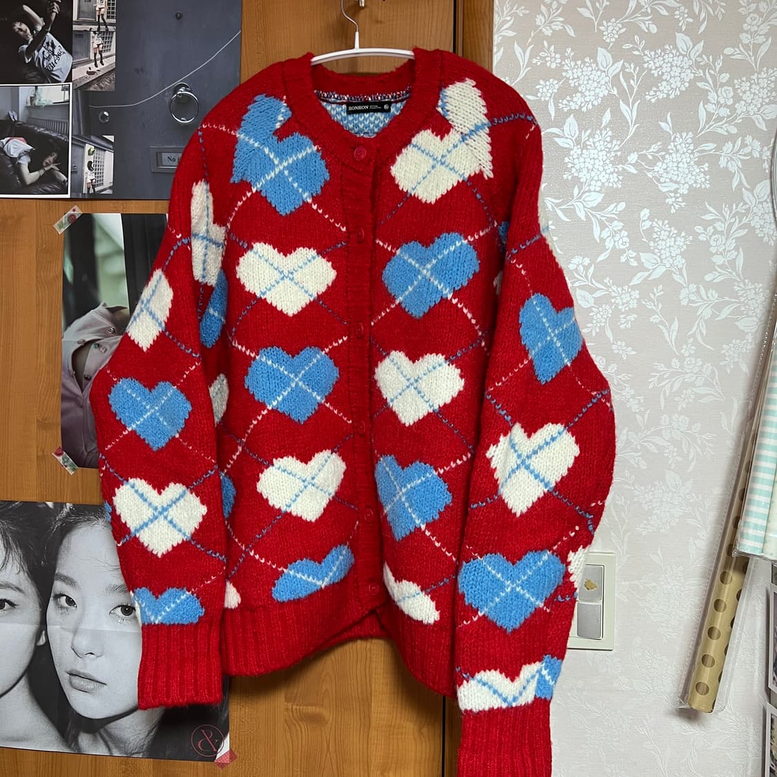 론론 하트 아가일 가디건 레드 상품이미지2