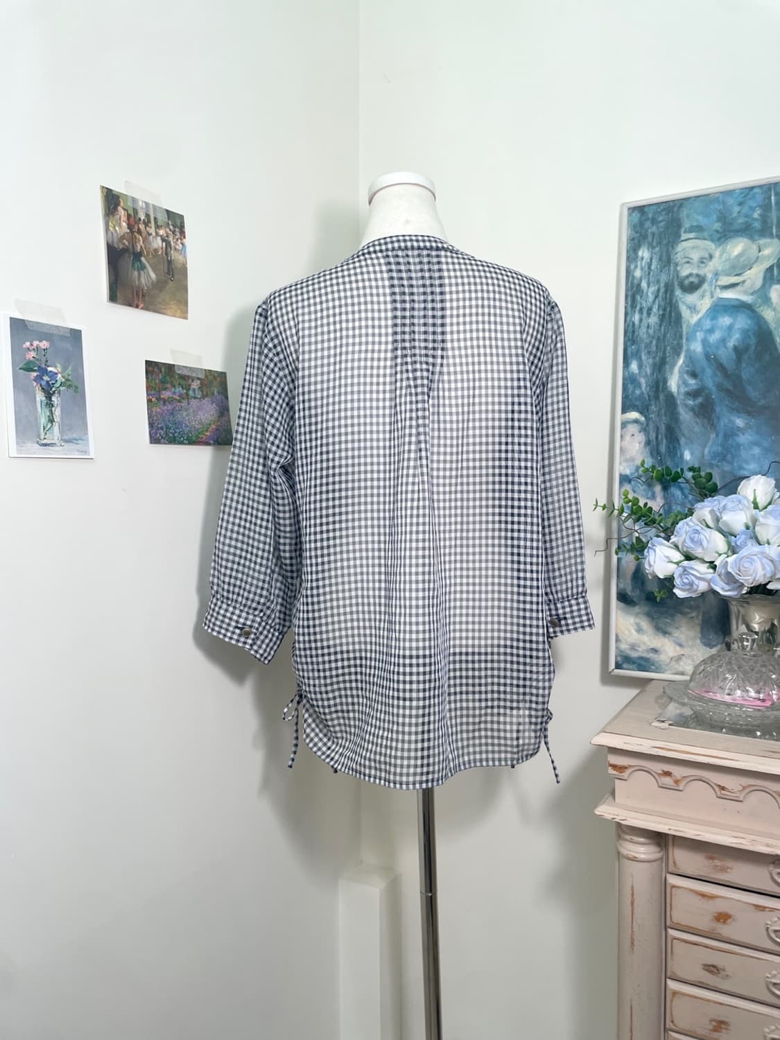 navy check side bow loose chiffon blouse 상품이미지3
