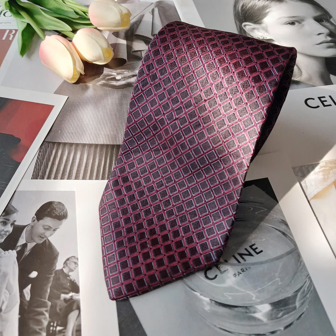 셀린느 실크 와인 다이아 패턴 넥타이 8.8cm A+~A등급 A19826 상품이미지2