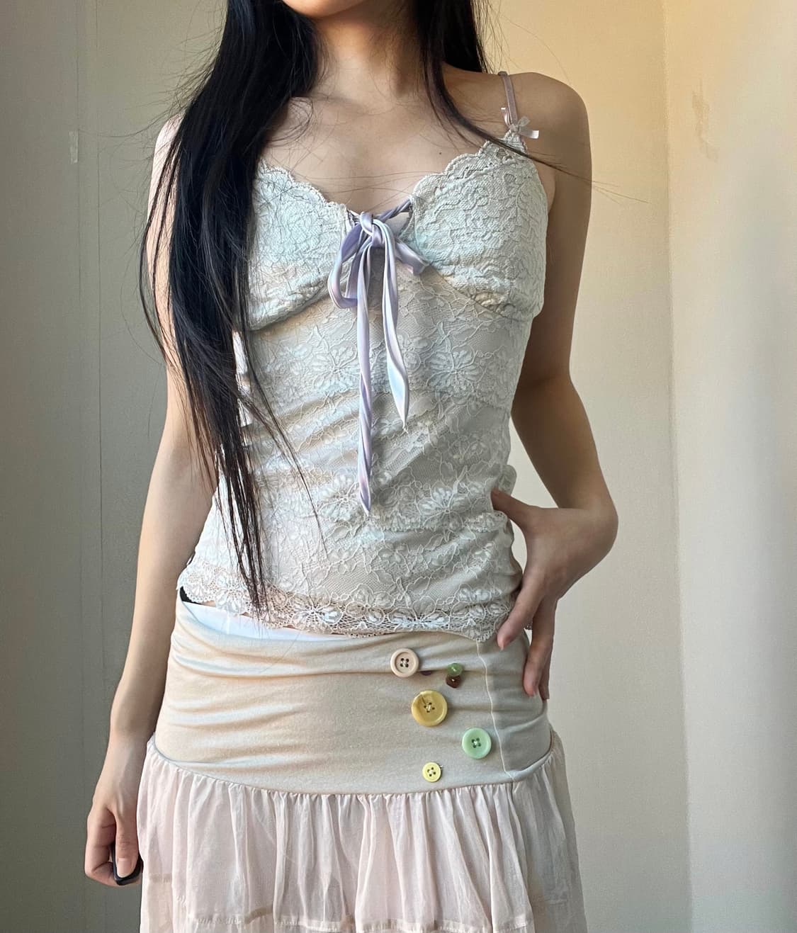 Ribbon lace slim top 상품이미지2