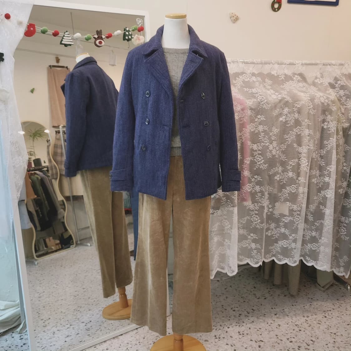 FUGA 블루 헤링본 누빔 피코트 상품이미지10