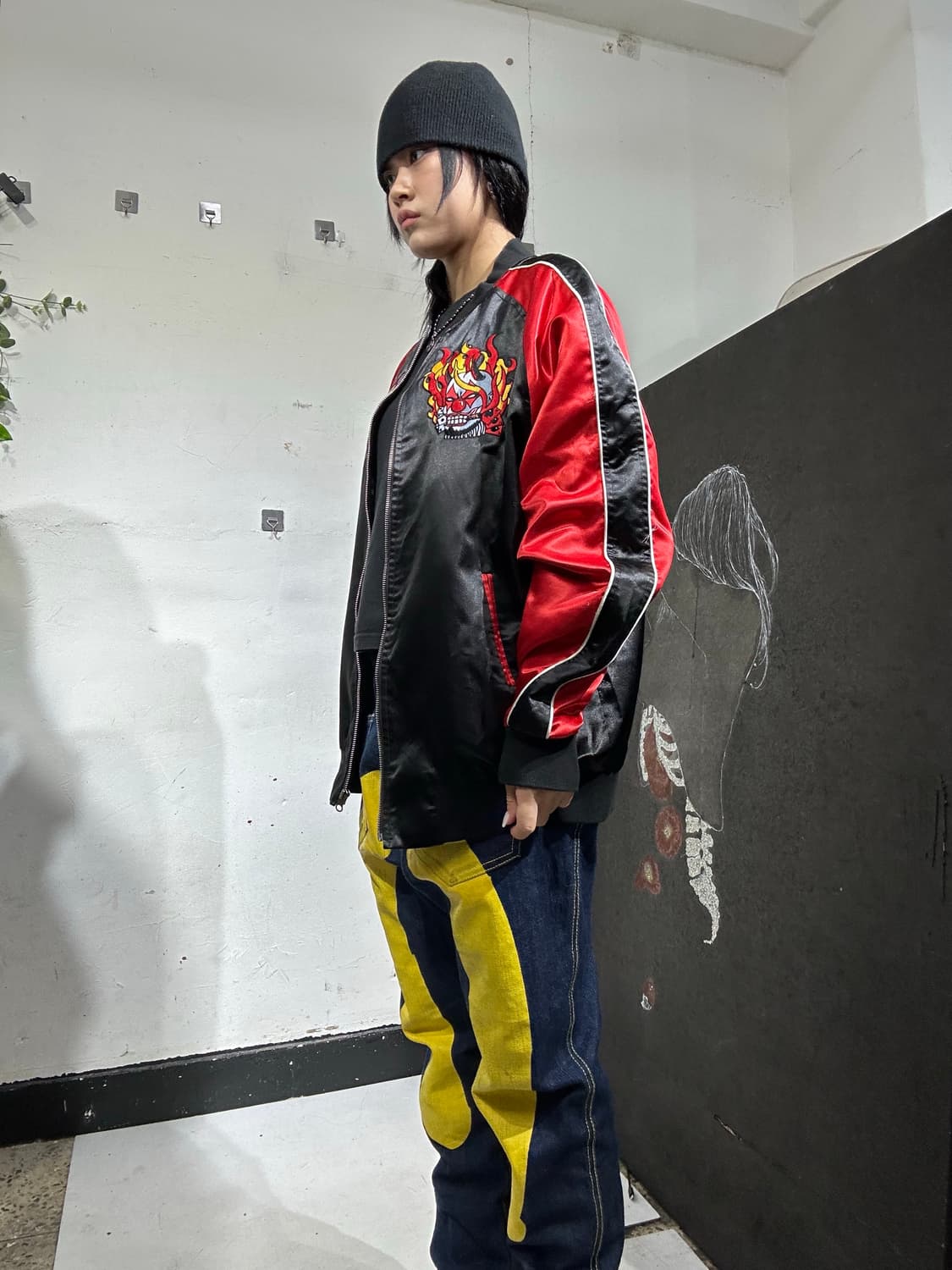 일본빈티지 Weksnoop 블랙 악마 불 자수 스카잔  L 상품이미지4