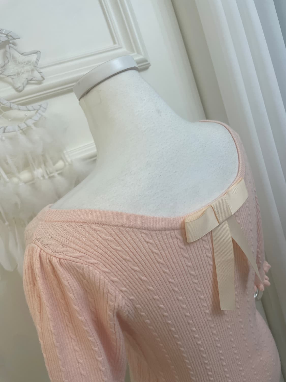 coral pink twist back bow half knit top 상품이미지6