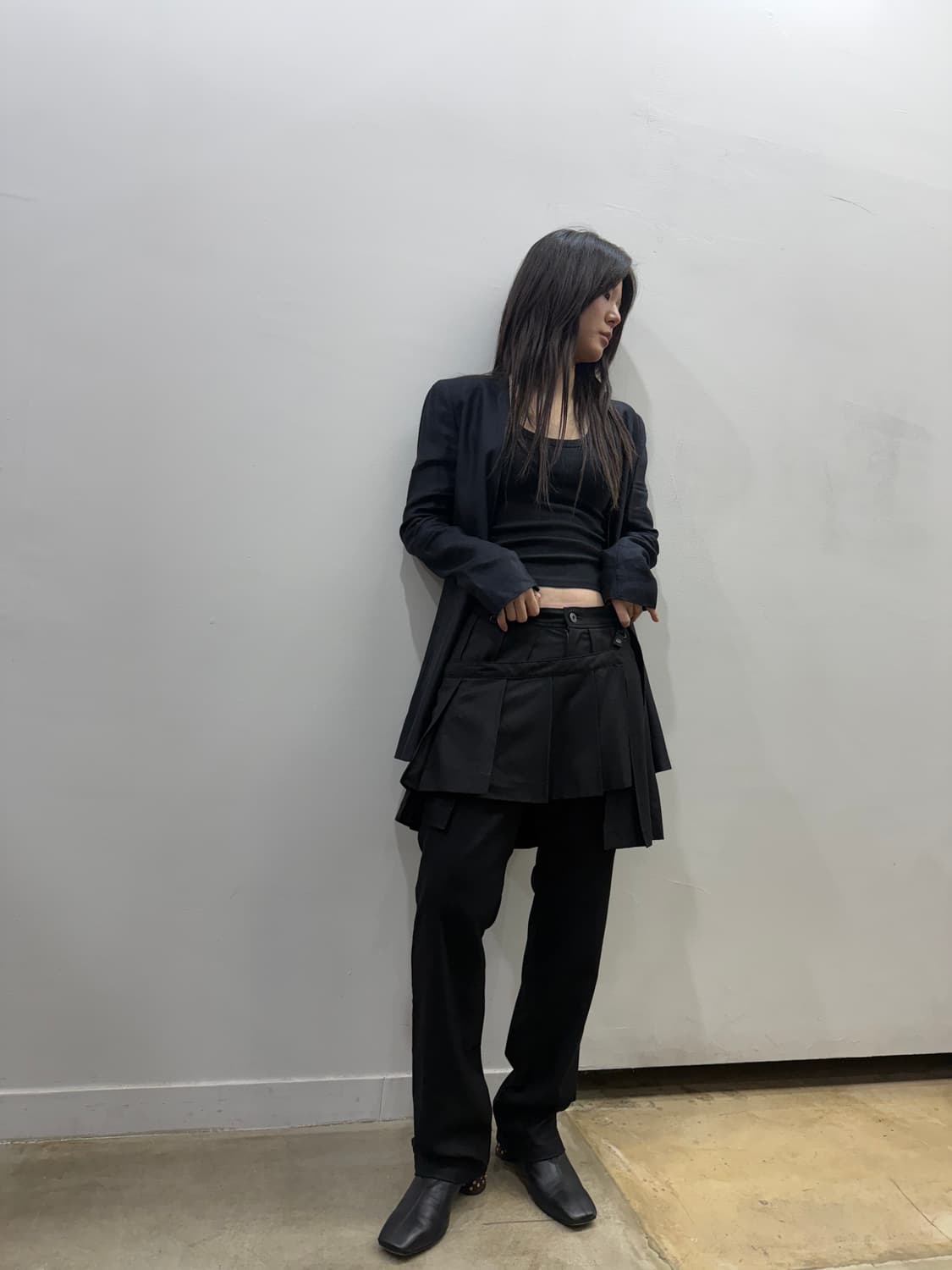 블랙피스나우 스커트 레이어드 디테일 부츠컷 팬츠 상품이미지5