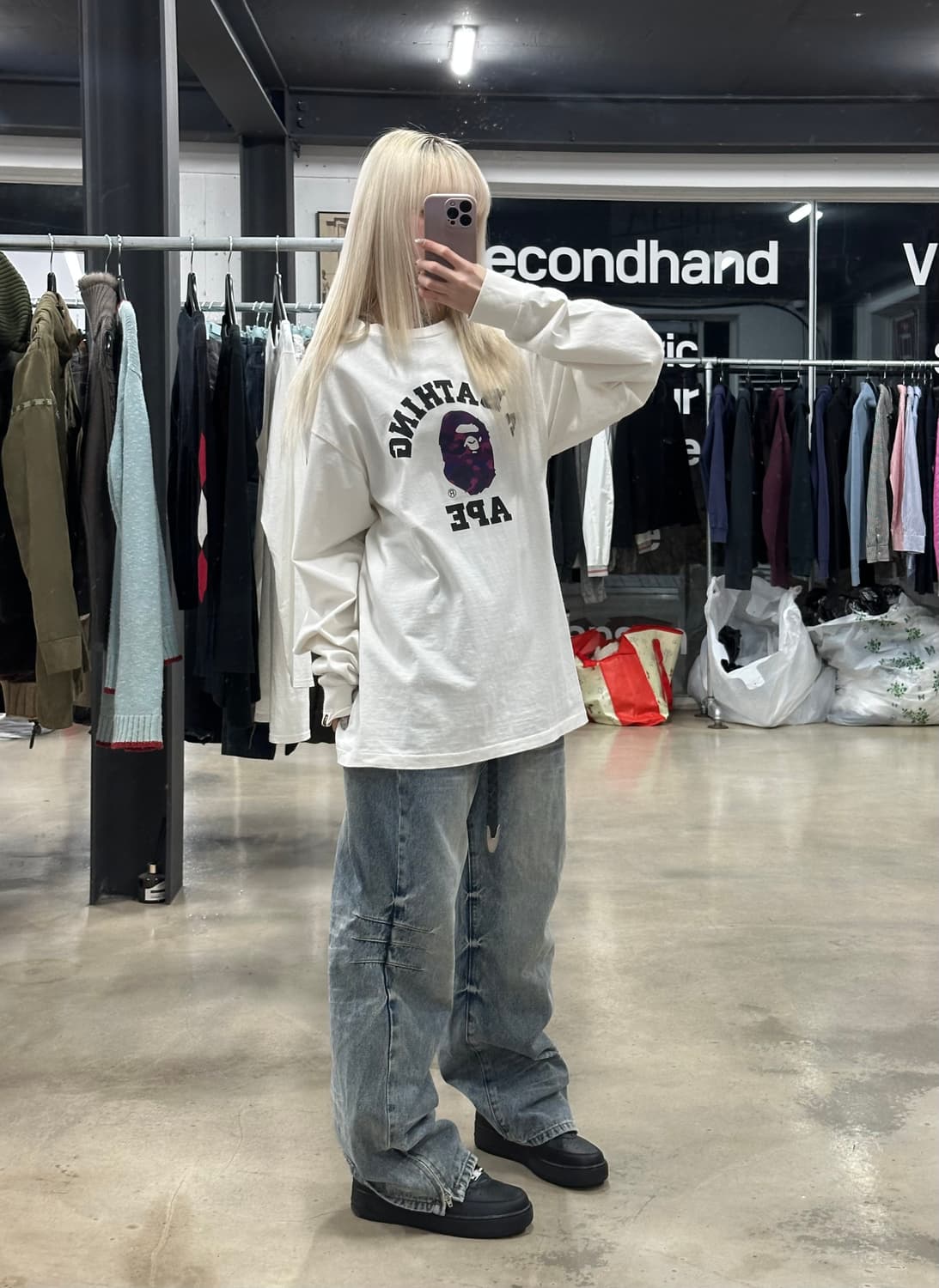 베이프 카모 컬리지 롱슬리브 티셔츠 화이트 퍼플 상품이미지2