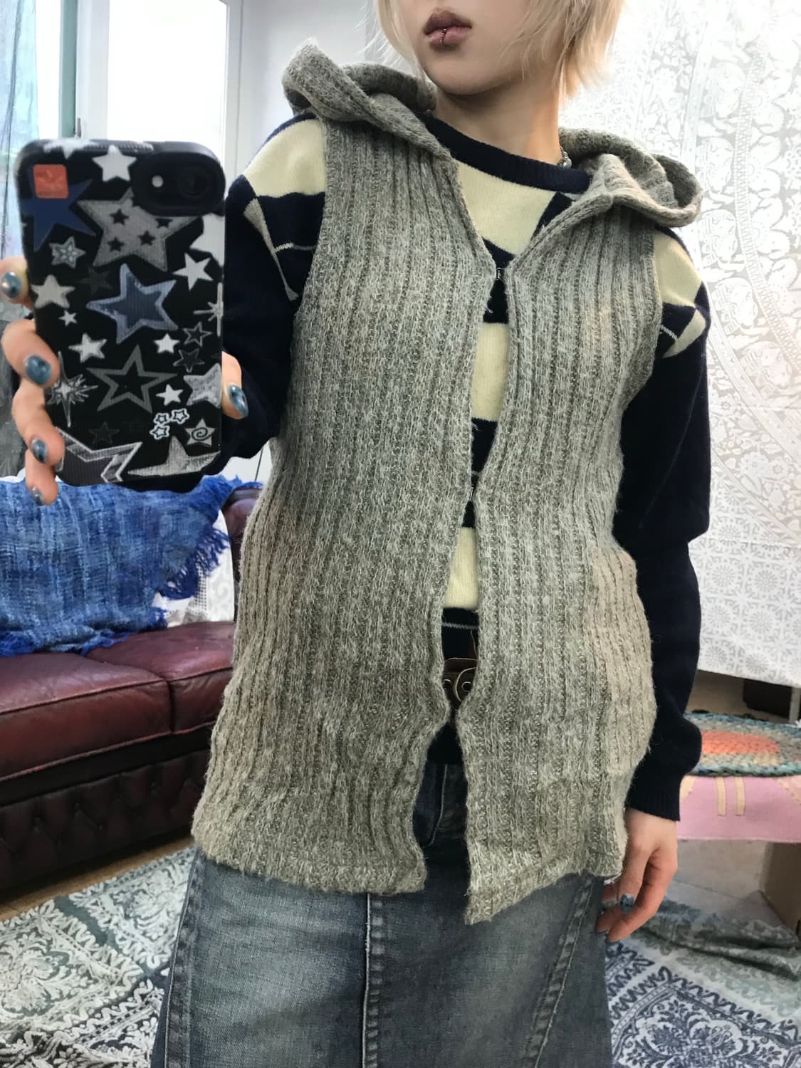 BNX 빈티지 여성 니트 후드 베스트 자켓  상품이미지1