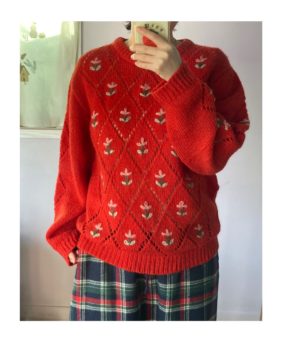 일본빈티지) 꽃자수 레드스웨터 상품이미지1