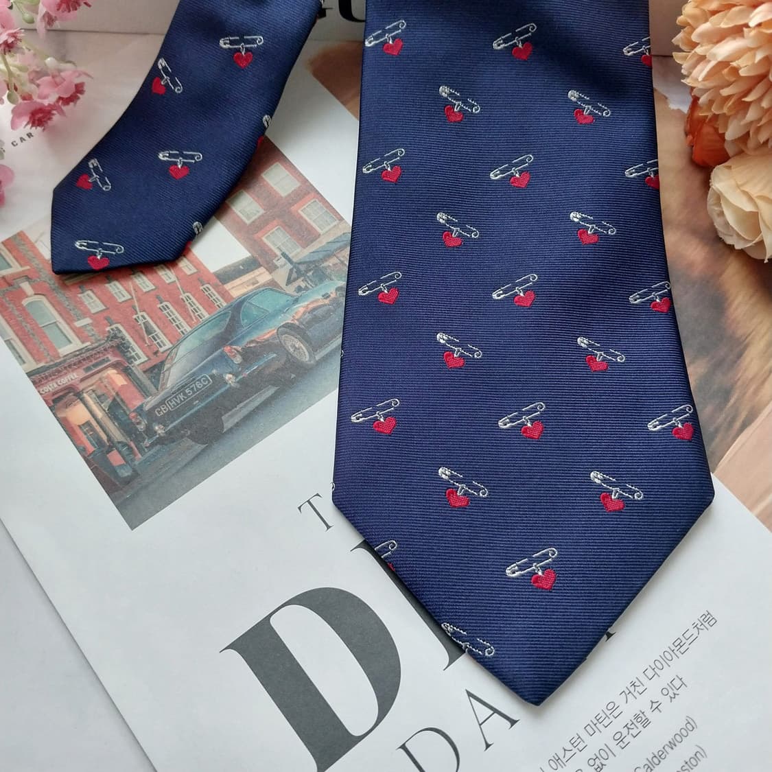 MCM 실크 네이비 핀&하트 모티브 넥타이 8.9cm A+등급 K1486 상품이미지4