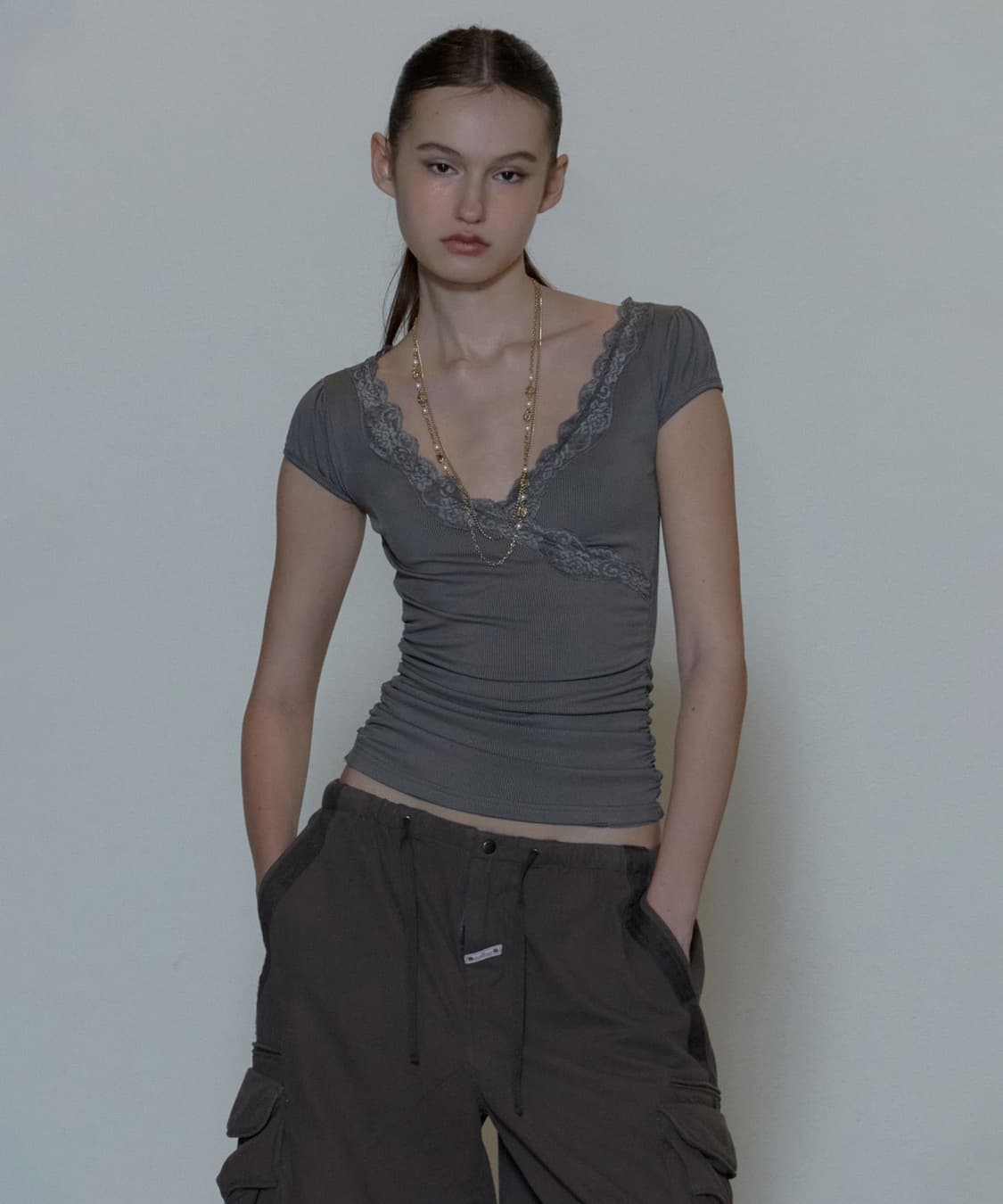 Lace Trim Wrap Tee Charcoal 상품이미지4