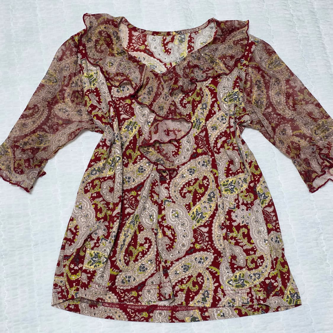 일본빈티지)페이즐리 패턴 프릴 시스루 레트로 보헤미안 블라우스 상품이미지3