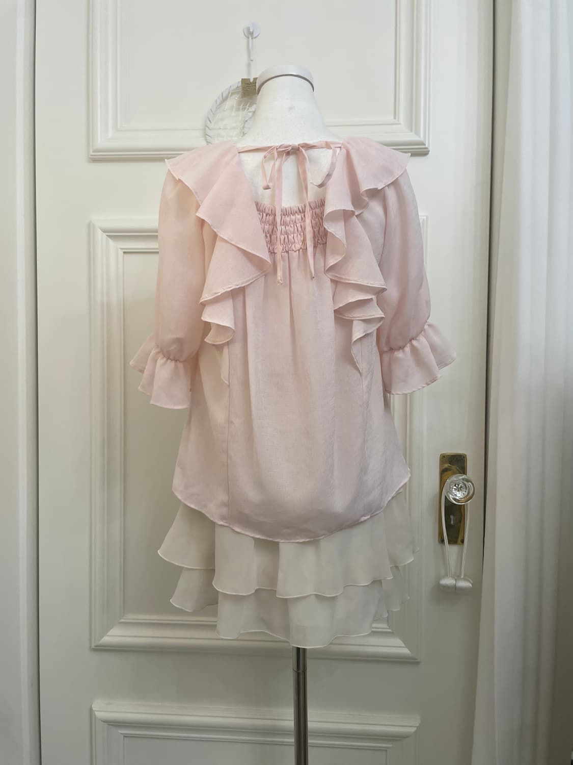 sheer pink ruffle back bow lovely blouse 상품이미지3